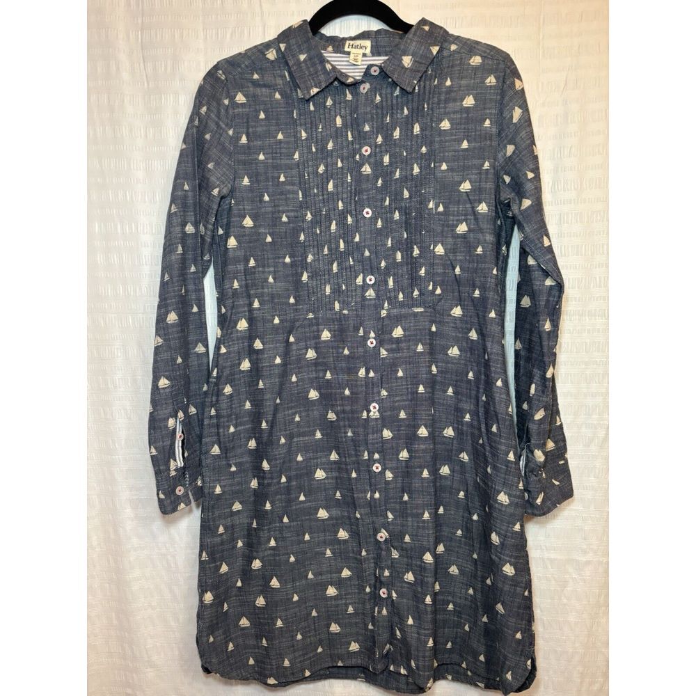 Hatley Sailboat Print‎ 100% Cotton Chambray Blue Lightweight Shirt Dress Size S